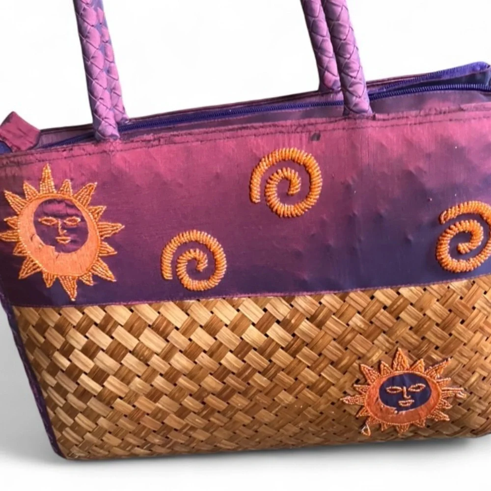 Purple and Tan Sun Embroidered Tote Bag boho indie